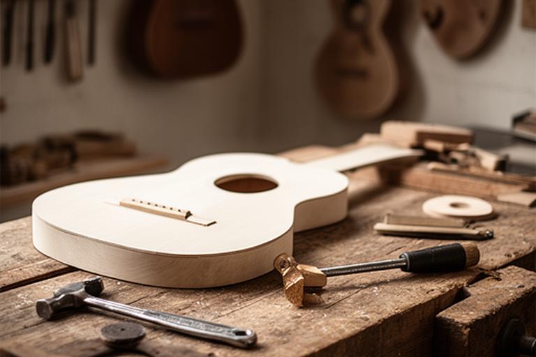 Primer taller familiar con banco de trabajo de madera, herramientas colgadas y piezas de guitarra en distintos estados de construcción