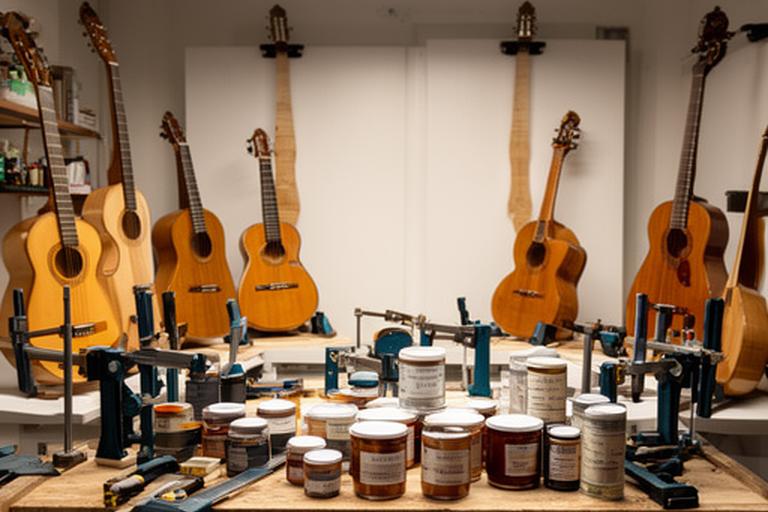 Taller actual en Posadas con varios instrumentos terminados, prensas, barnices y una mesa de trabajo ordenada