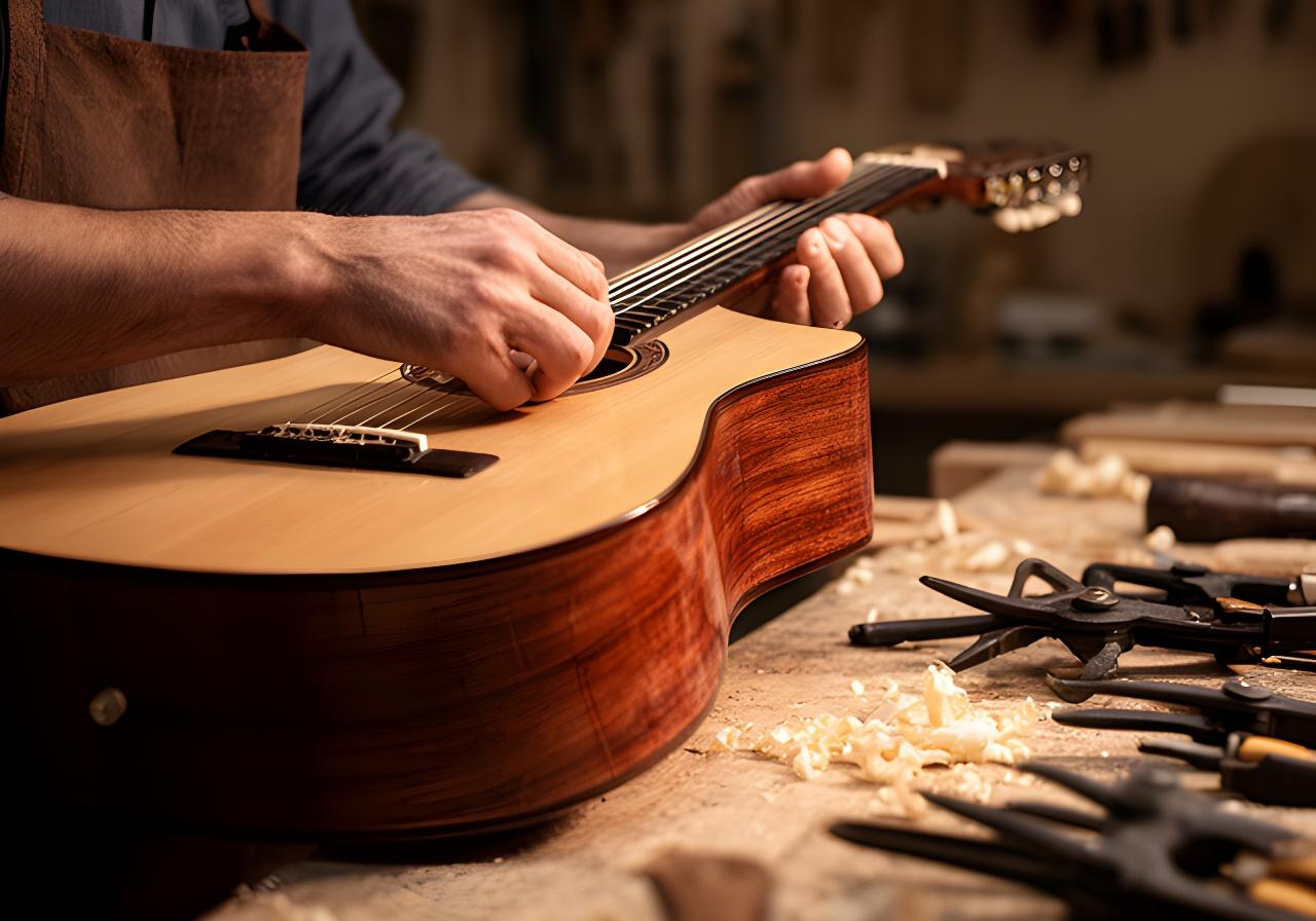 Luthier ajustando una guitarra artesanal en un taller cálido de Posadas, con herramientas sobre la mesa y vetas de madera visibles