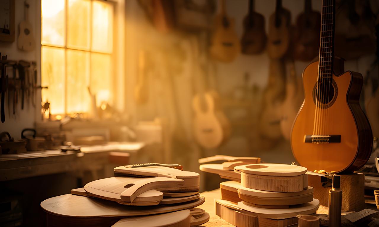 Taller de luthería en Posadas con guitarras en proceso, maderas estacionadas y luz cálida entrando por una ventana