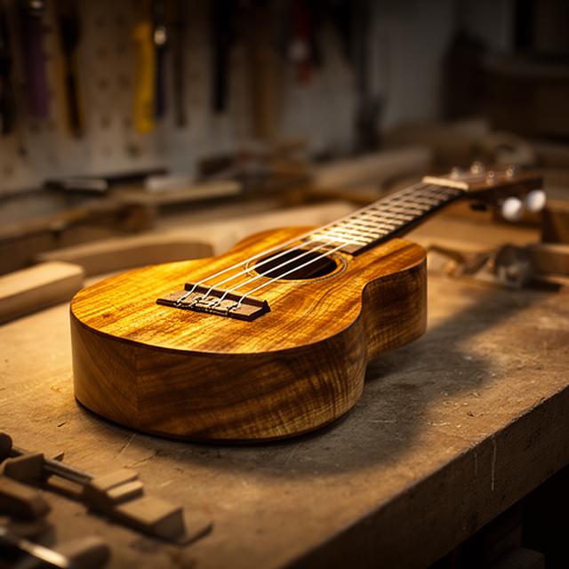 Ukelele de koa sobre mesa de luthería con brillo cálido y fondo desenfocado del taller