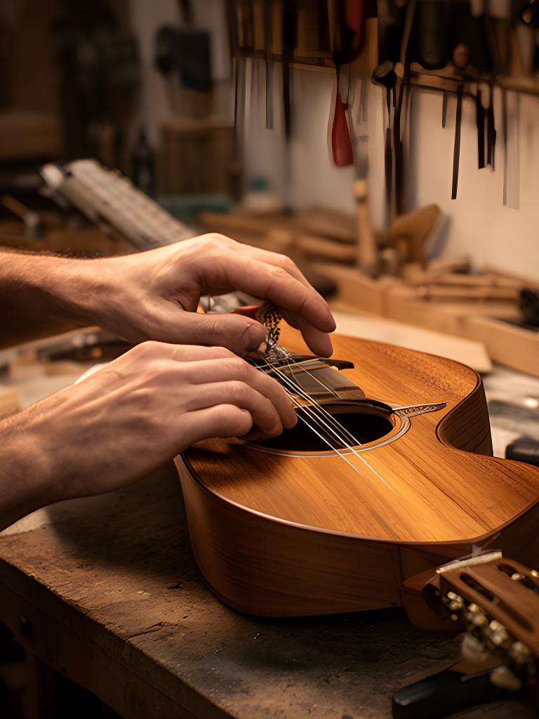 Luthier trabajando sobre una guitarra artesanal en un taller cálido y ordenado