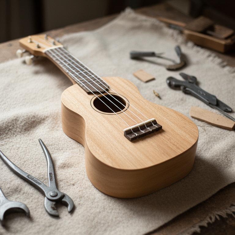 Ukelele de madera clara sobre una manta de trabajo con herramientas pequeñas alrededor