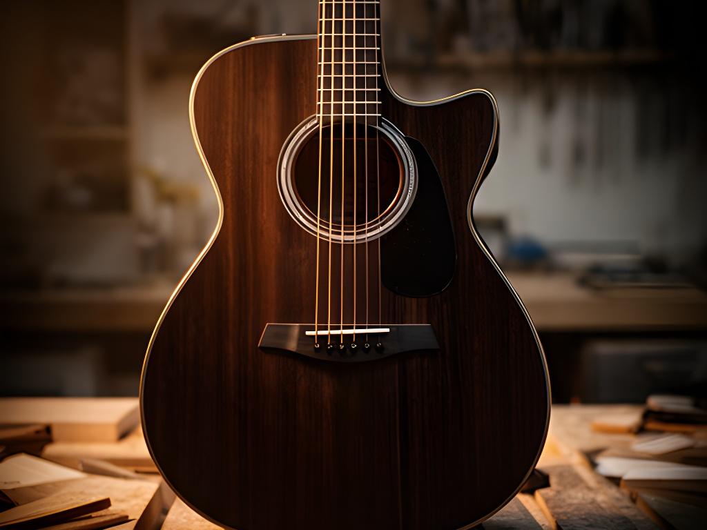 Guitarra artesanal de madera oscura apoyada sobre una mesa de taller con luz cálida lateral