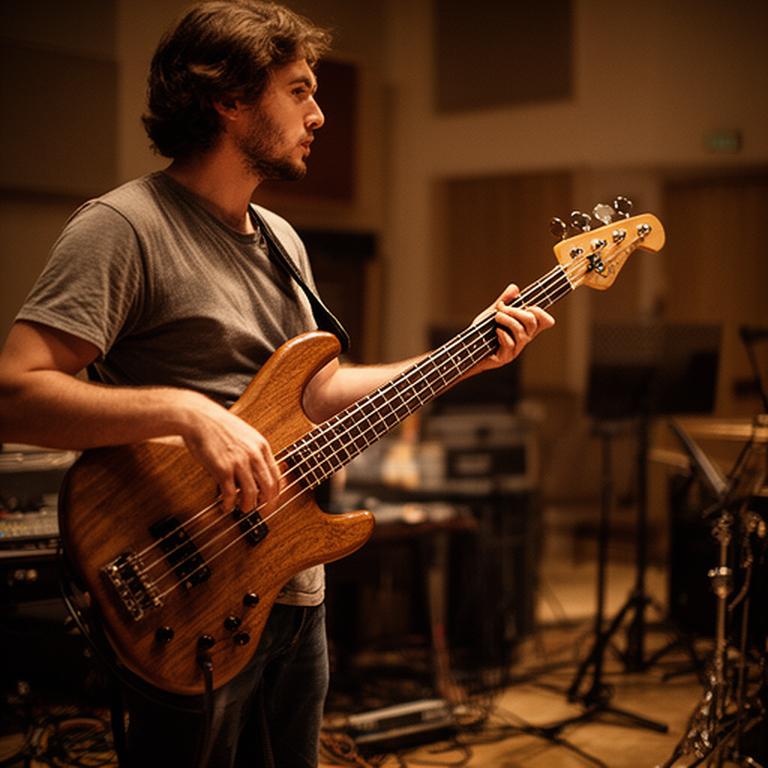 Bajista local sosteniendo un bajo de caoba durante un ensayo en sala con luces cálidas