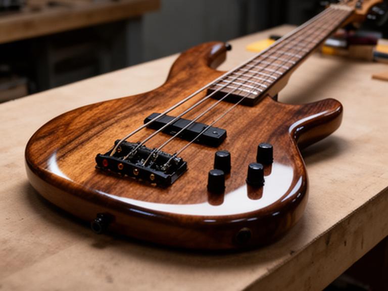 Bajo eléctrico de caoba con reflejos suaves sobre el cuerpo y fondo de banco de trabajo