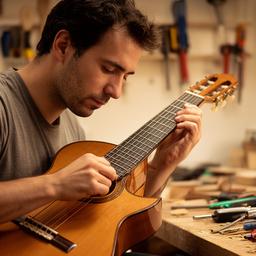 Mateo Suárez afinando una guitarra clásica en el banco de trabajo del taller