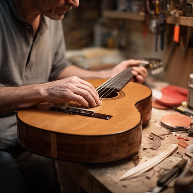 Don Carlos Suárez trabajando sobre una guitarra clásica en el taller original de la Avenida Domínguez
