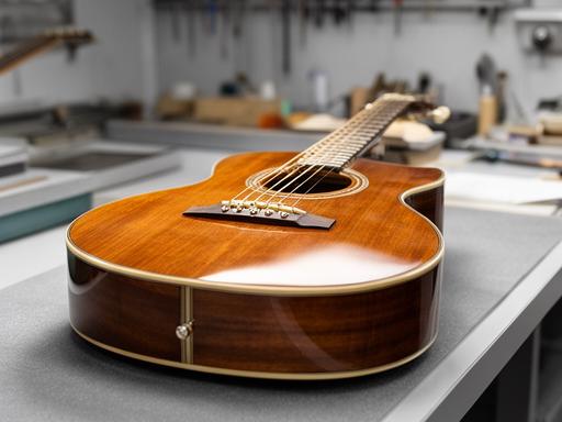 Guitarra restaurada y calibrada sobre banco de trabajo en el taller después de la reparación