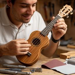 Juan Suárez revisando un ukelele terminado junto a herramientas, lijas y pequeños accesorios de ajuste