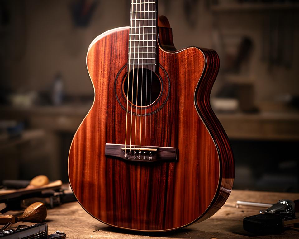 Guitarra artesanal de cuerda en el taller, apoyada sobre banco de trabajo con veta visible y herramientas alrededor