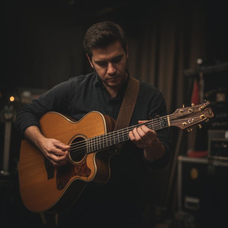 Guitarrista de banda regional en backstage afinando una guitarra artesanal antes de salir al escenario