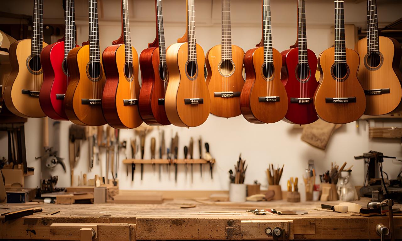 Taller de luthería con instrumentos colgados y una mesa de trabajo ordenada en Posadas, Misiones