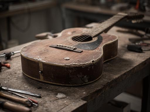 Guitarra con desgaste visible sobre banco de trabajo en el taller antes de la reparación