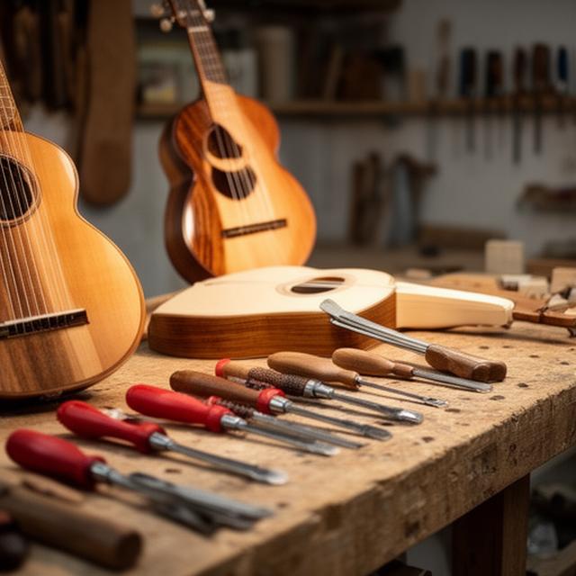 Banco de trabajo con guitarras artesanales y herramientas de luthería en un taller iluminado