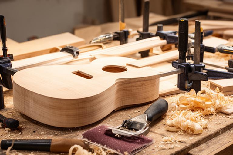 Banco de trabajo con guitarra en proceso, prensas, lijas y virutas de madera en un taller artesanal
